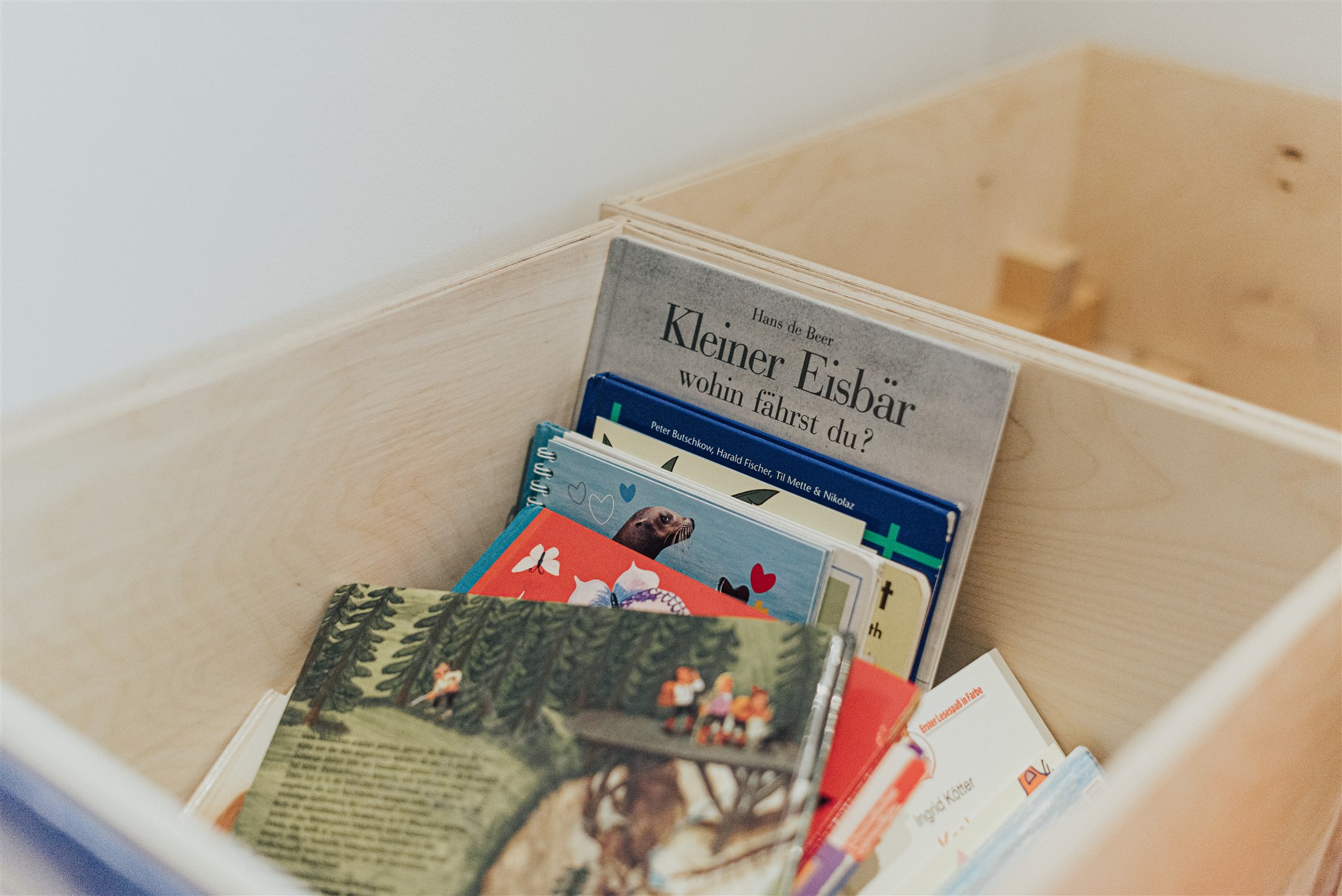 Nahaufnahme einer Holzbox mit Büchern aus dem Kinderbereich der Aschauer Zahnarztpraxis Chiemgau Lacht Zahnärzte.