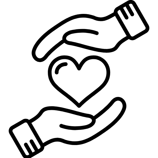 Schwarzes Umriss-Symbol zweier Hände, die ein Herz schützend umschließen, auf transparentem Hintergrund.